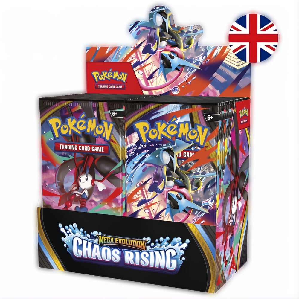 Chaos Rising Booster Box met meerdere booster packs en verzamelkaarten